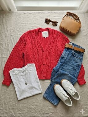 EUC &Mercy Red Cable Knit V-Neck Balloon Sleeves Sweater Cardigan, Size S